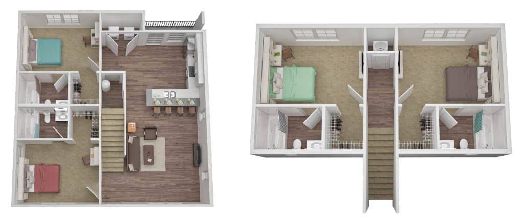 A 3D image of the 4BR/4BA – Cottage floorplan, a 1482 squarefoot, 4 bed / 4 bath unit