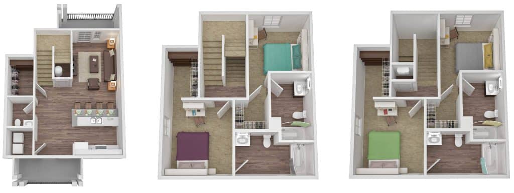 A 3D image of the 4BR/4BA – Townhome floorplan, a 1902 squarefoot, 4 bed / 4 bath unit