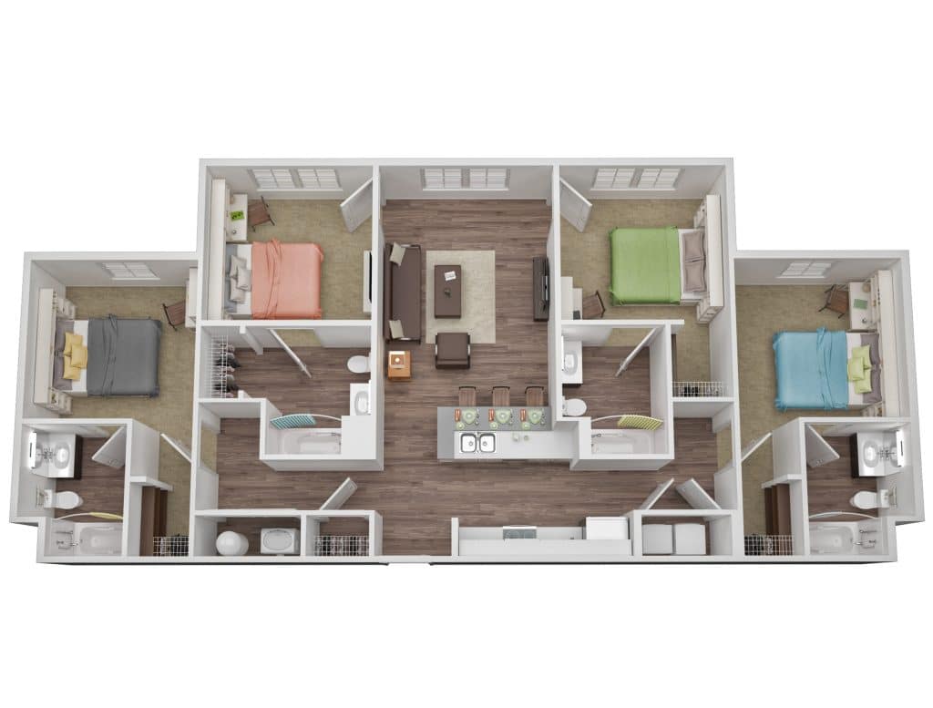 A 3D image of the 4BR/4BA – Flat – Pool View floorplan, a 1467 squarefoot, 4 bed / 4 bath unit