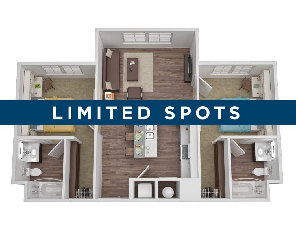A 3D image of the 2BR/2BA – Flat – Pool View floorplan, a 885 squarefoot, 2 bed / 2 bath unit