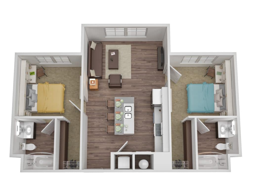 A 3D image of the 2BR/2BA – Flat floorplan, a 885 squarefoot, 2 bed / 2 bath unit