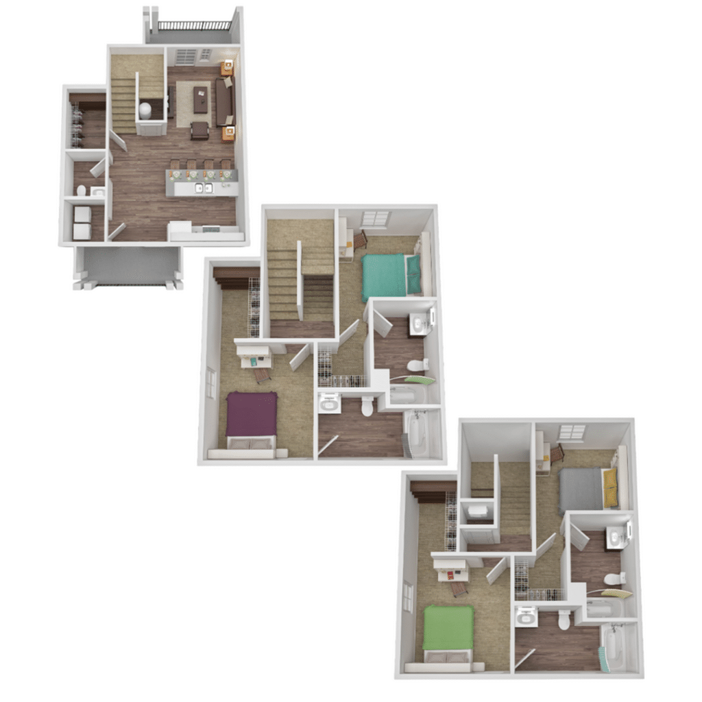 A 3D image of the 4BR/4BA – Townhome floorplan, a 1902 squarefoot, 4 bed / 4 bath unit