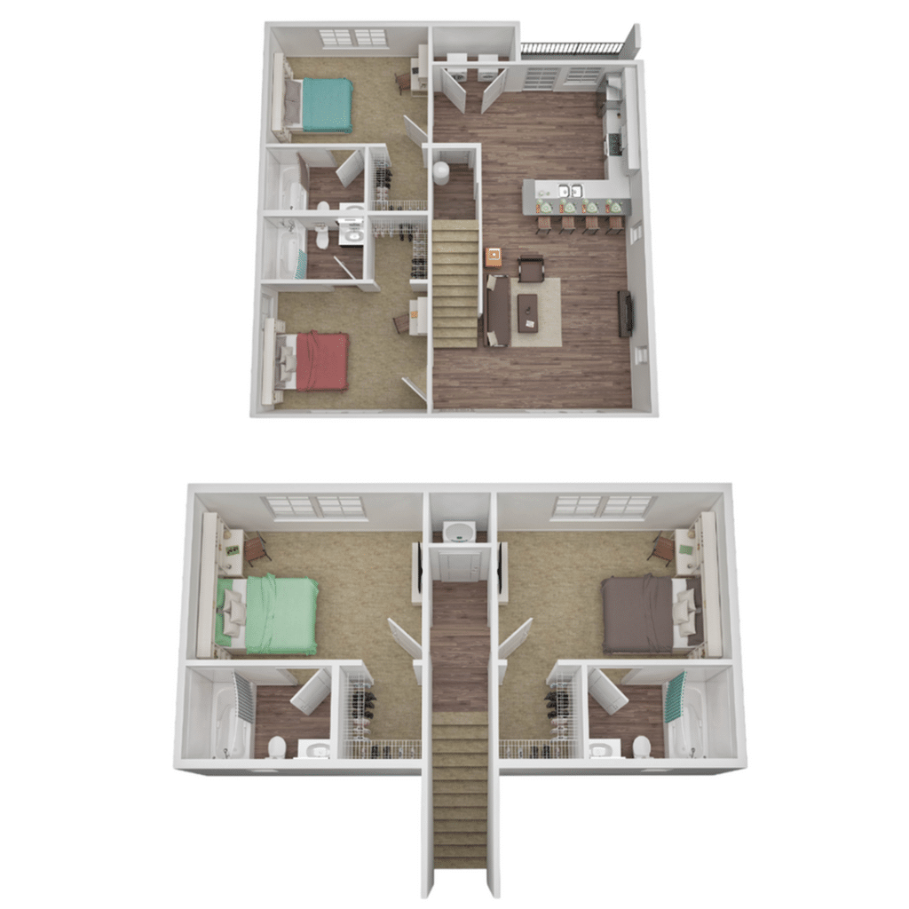 A 3D image of the 4BR/4BA – Cottage floorplan, a 1482 squarefoot, 4 bed / 4 bath unit