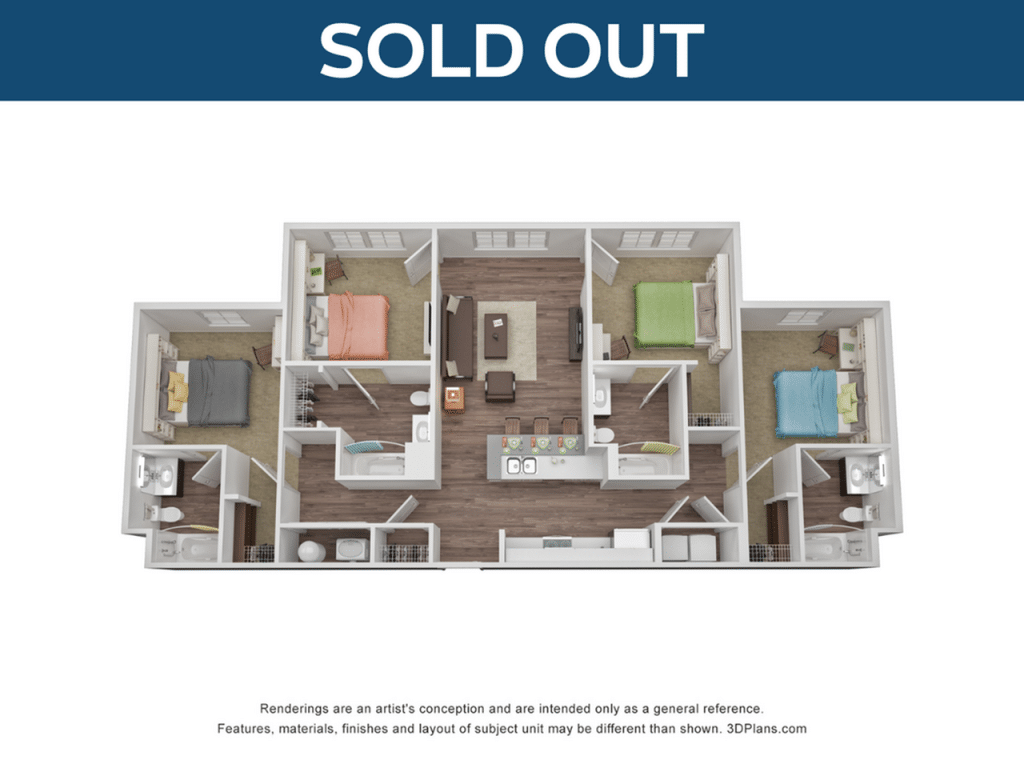 A 3D image of the 4BR/4BA – Flat – Pool View floorplan, a 1467 squarefoot, 4 bed / 4 bath unit