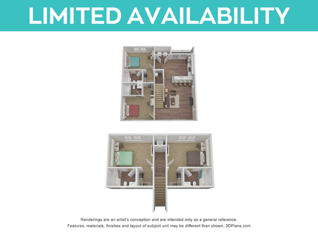 A 3D image of the 4BR/4BA – Cottage floorplan, a 1482 squarefoot, 4 bed / 4 bath unit