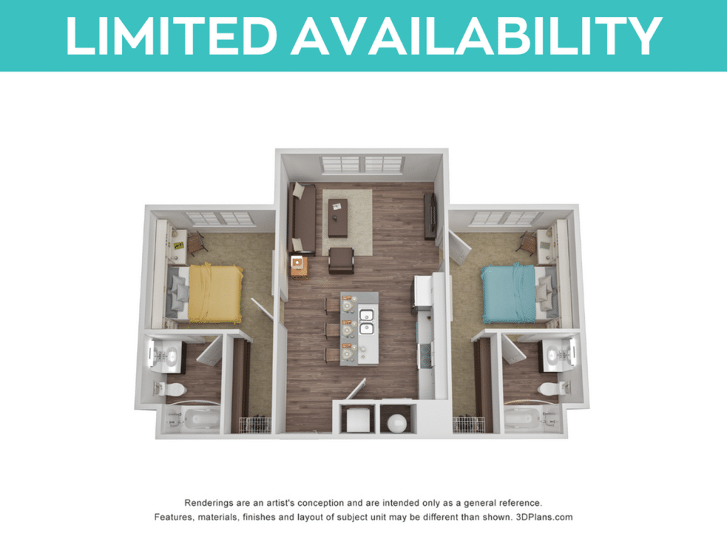 A 3D image of the 2BR/2BA – Flat – Pool View floorplan, a 885 squarefoot, 2 bed / 2 bath unit