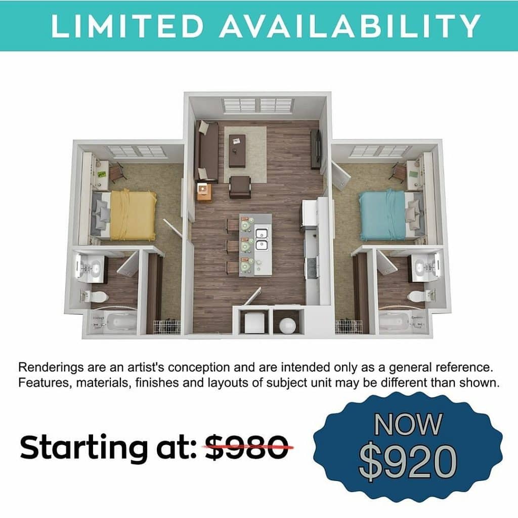 A 3D image of the 2BR/2BA – Flat floorplan, a 885 squarefoot, 2 bed / 2 bath unit