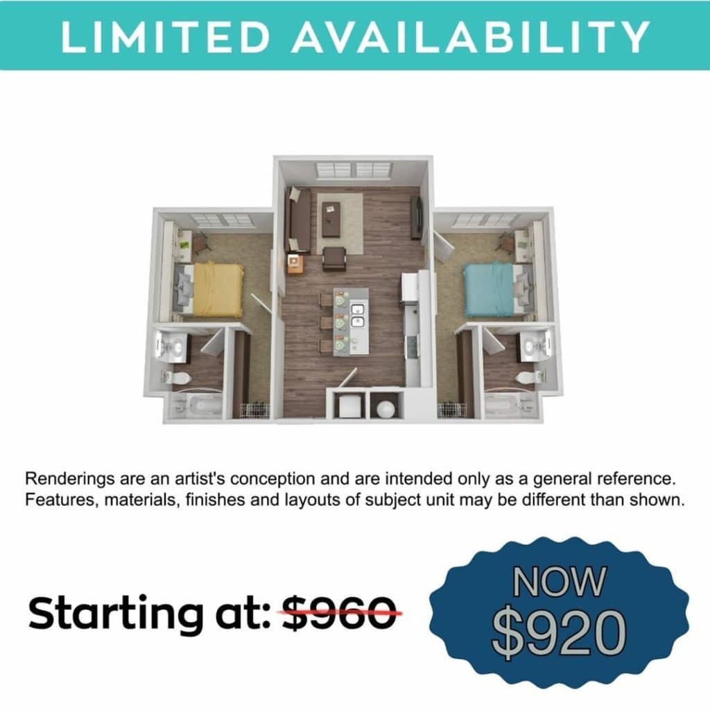 A 3D image of the 2BR/2BA – Flat – Pool View floorplan, a 885 squarefoot, 2 bed / 2 bath unit