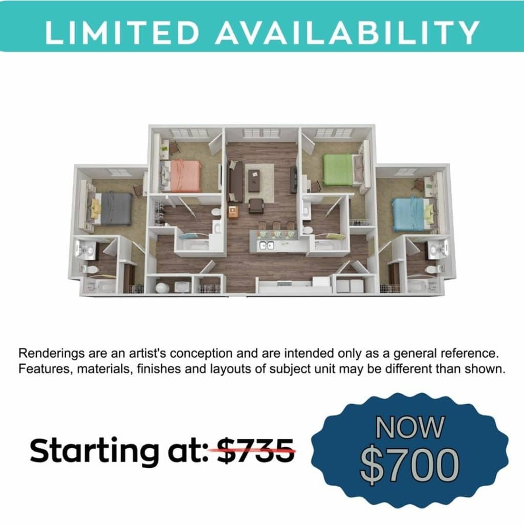 A 3D image of the 4BR/4BA – Flat floorplan, a 1467 squarefoot, 4 bed / 4 bath unit