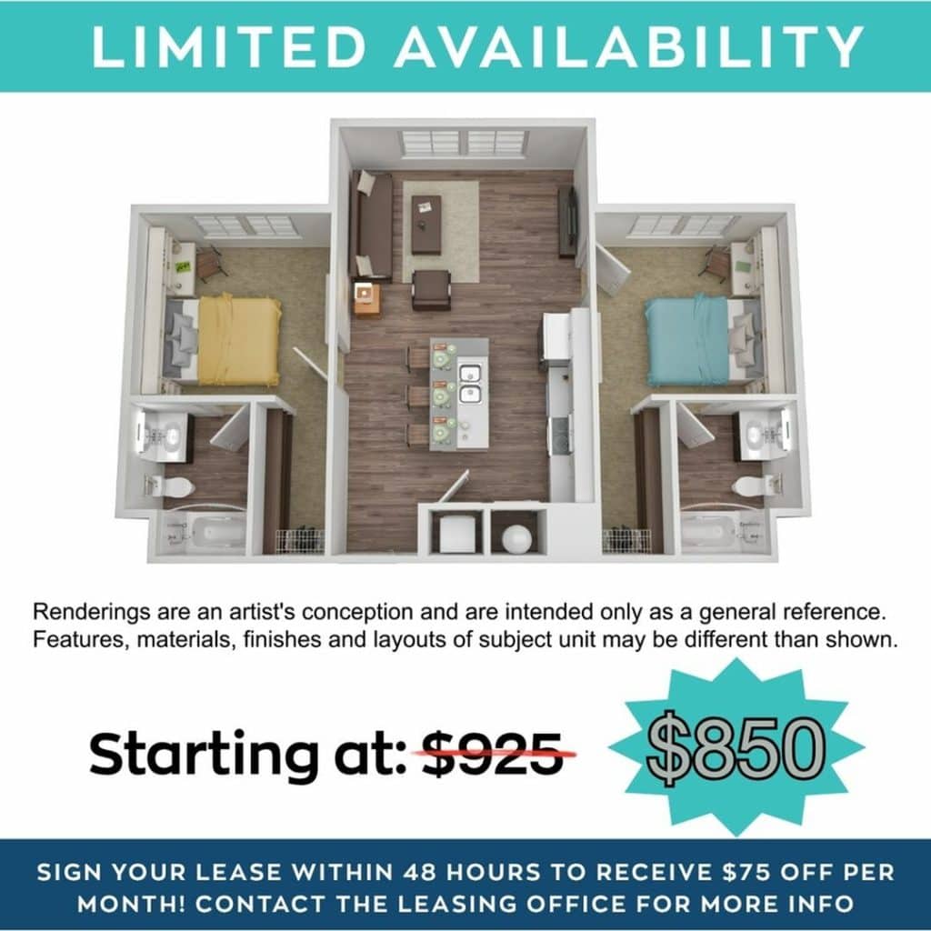 A 3D image of the 2BR/2BA – Flat – Pool View floorplan, a 885 squarefoot, 2 bed / 2 bath unit