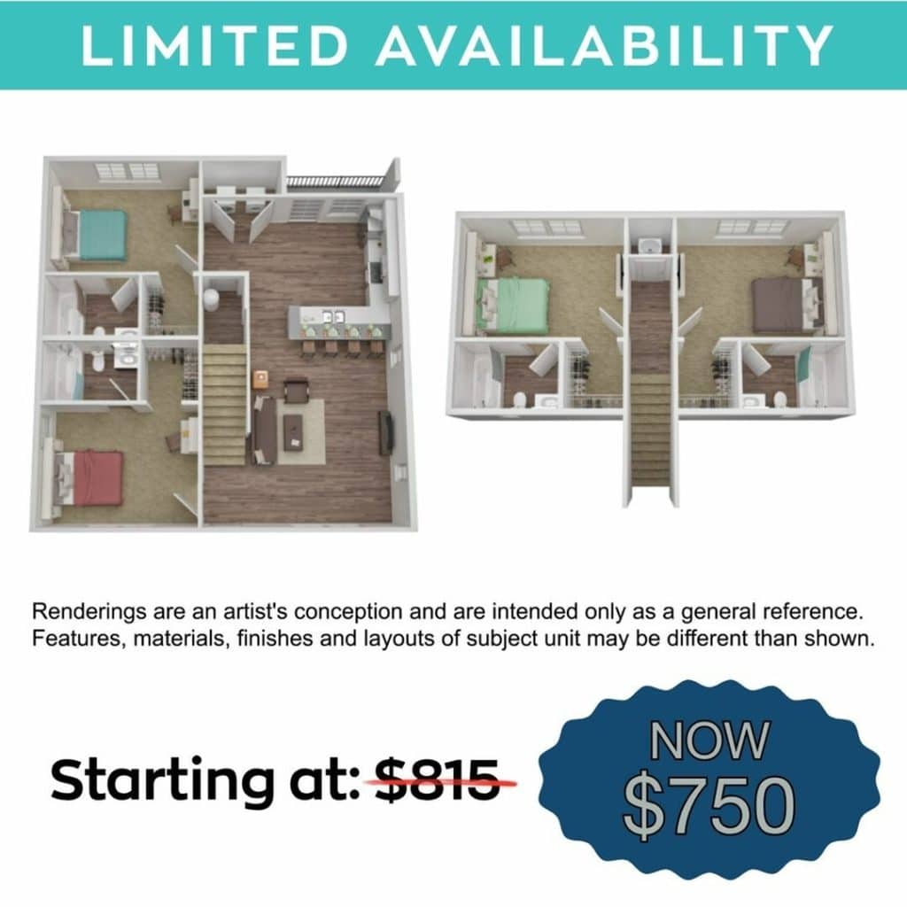 A 3D image of the 4BR/4BA – Cottage floorplan, a 1482 squarefoot, 4 bed / 4 bath unit