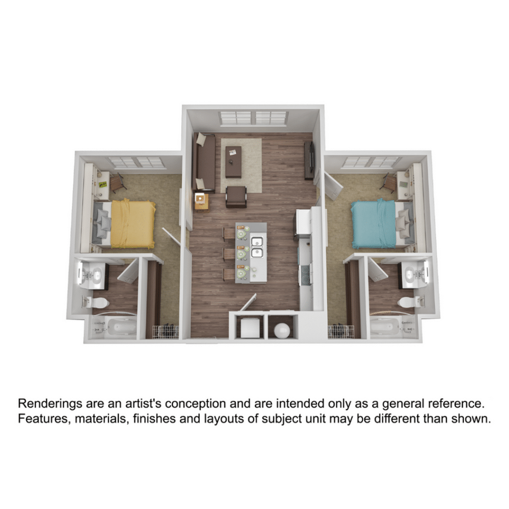 A 3D image of the 2BR/2BA – Flat floorplan, a 885 squarefoot, 2 bed / 2 bath unit