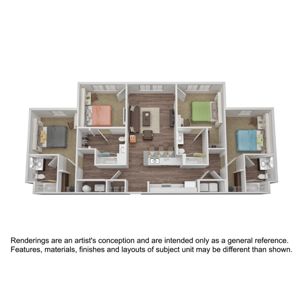A 3D image of the 4BR/4BA – Flat floorplan, a 1467 squarefoot, 4 bed / 4 bath unit