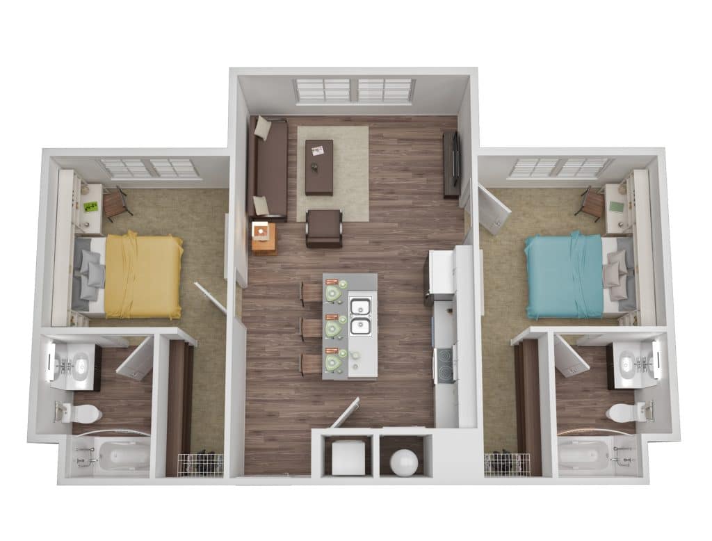 A 3D image of the 1BR/2BA – with Den floorplan, a 885 squarefoot, 1 bed / 2 bath unit