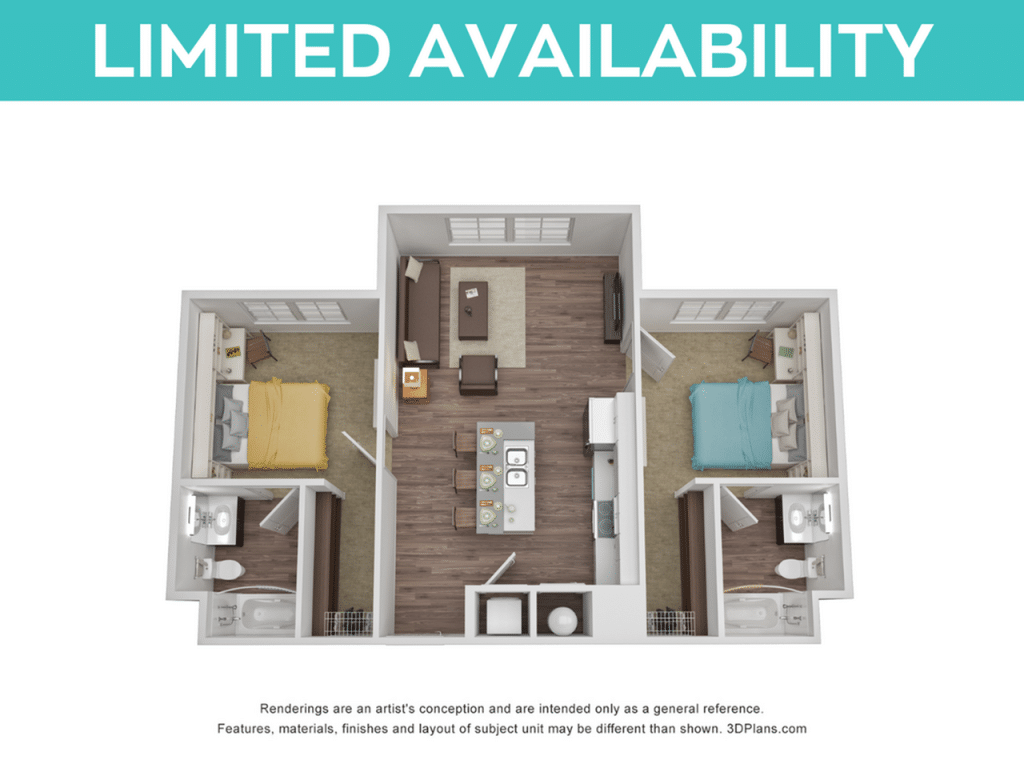 A 3D image of the 1BR/2BA – with Den floorplan, a 885 squarefoot, 1 bed / 2 bath unit