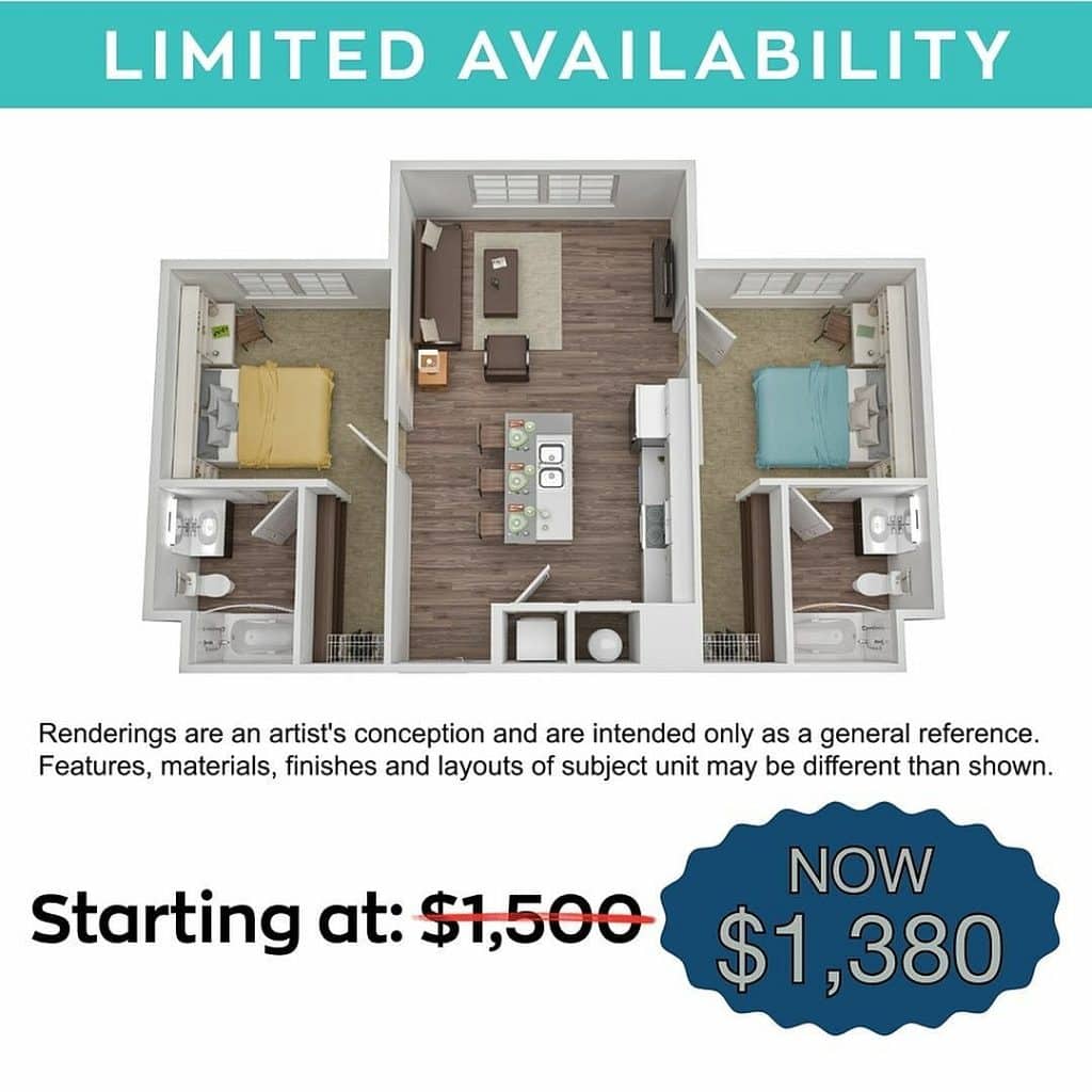 A 3D image of the 1BR/2BA – with Den floorplan, a 885 squarefoot, 1 bed / 2 bath unit