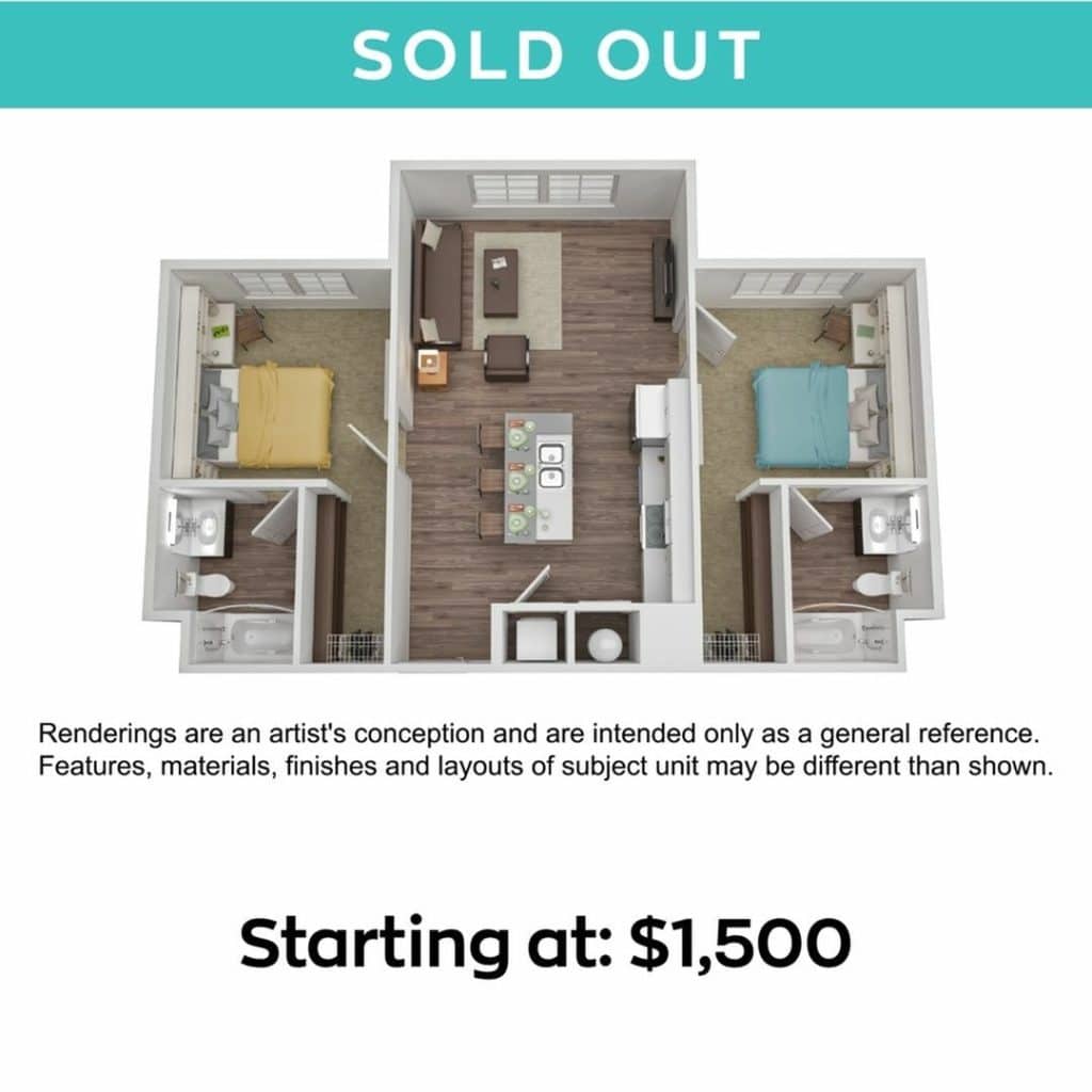 A 3D image of the 1BR/2BA – with Den floorplan, a 885 squarefoot, 1 bed / 2 bath unit