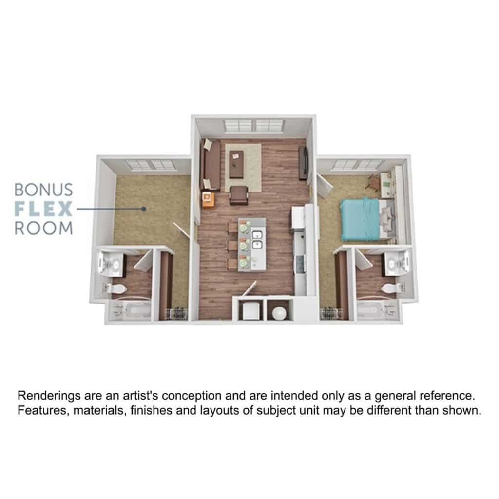 A 3D image of the 1BR/2BA – with Den floorplan, a 885 squarefoot, 1 bed / 2 bath unit